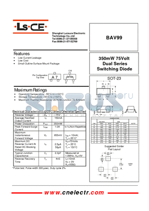 BAV99 datasheet - 350mw 75volt dual series switching diode