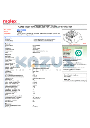 0565790576 datasheet - USB On-The-Go (OTG) Mini-AB Receptacle, Right Angle, SMT Solder Tails and ShellTabs, with Cover Tape, Lead-Free