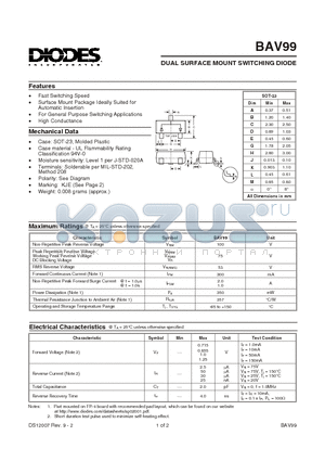 BAV99-7 datasheet - DUAL SURFACE MOUNT SWITCHING DIODE