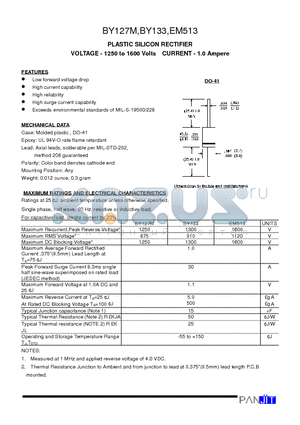 BY127M datasheet - PLASTIC SILICON RECTIFIER(VOLTAGE - 1250 to 1600 Volts CURRENT - 1.0 Ampere)