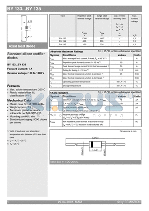 BY133 datasheet - Standard silicon rectifier diodes