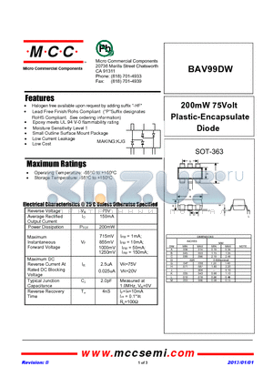 BAV99DW_13 datasheet - 200mW 75Volt  Plastic-Encapsulate Diode