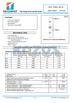 BY16 datasheet - High Voltage Silicon Rectifier Diodes