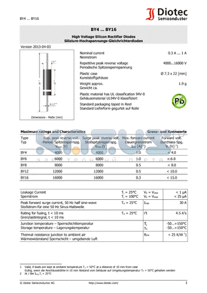 BY16 datasheet - High Voltage Silicon Rectifier Diodes