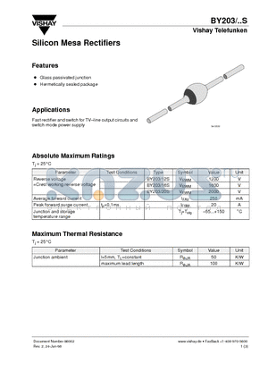 BY203 datasheet - Silicon Mesa Rectifiers