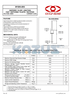 BY203-20S datasheet - SINTERED GLASS JUNCTION FAST SWITCHING PLASTIC RECTIFIER VOLTAGE: 2000V CURRENT: 0.25A
