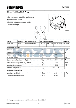 BAV99S datasheet - Silicon Switching Diode Array (For high-speed switching applications Connected in series Internal galvanic isolated Diodes in one package)