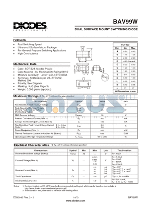 BAV99W-7 datasheet - DUAL SURFACE MOUNT SWITCHING DIODE