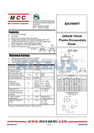 BAV99WT_13 datasheet - 200mW 75Volt Plastic-Encapsulate Diode