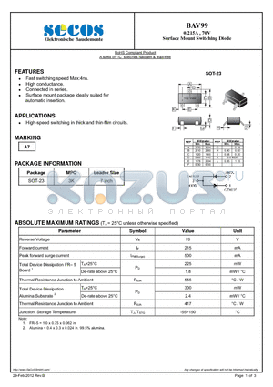BAV99_12 datasheet - 0.215A , 70V Surface Mount Switching Diode