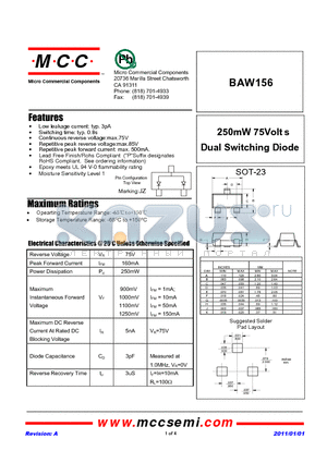 BAW156 datasheet - 250mW 75Volts Dual Switching Diode