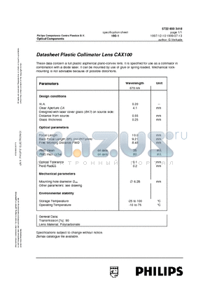 CAX100 datasheet - Plastic Collimator Lens