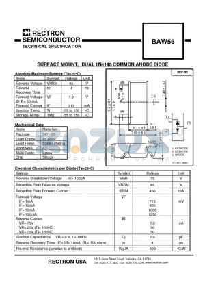 BAW56 datasheet - SURFACE MOUNT, DUAL 1N4148 COMMON ANODE DIODE