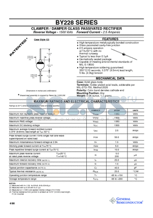 BY228 datasheet - CLAMPER / DAMPER GLASS PASSIVATED RECTIFIER