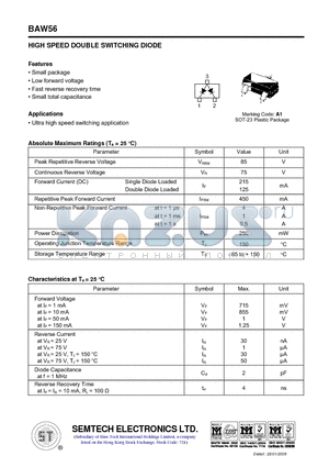 BAW56 datasheet - HIGH SPEED DOUBLE SWITCHING DIODE