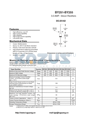 BY251 datasheet - 3.0 AMP. Silicon Rectifiers