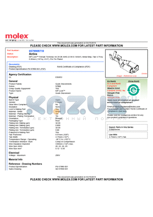 0579909710 datasheet - MP-Lock Female Terminal, for 20-26 AWG (0.50-0.13mmb), Metal Strip, Tab 4.75 by0.30mm (.187 by .012