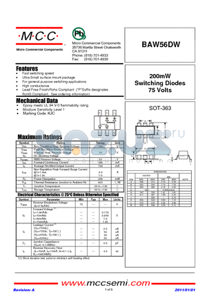 BAW56DW datasheet - 200mW Switching Diodes 75 Volts