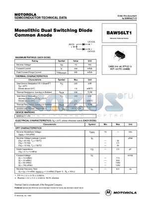BAW56LT1 datasheet - Monolithic Dual Switching Diode Common Anode