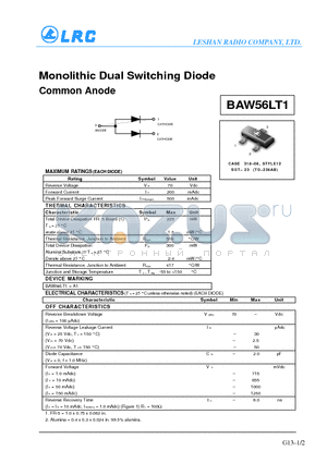 BAW56LT1 datasheet - Monolithic Dual Switching Diode Common Anode