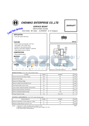 BAW56PT datasheet - SWITCHING DIODE VOLTAGE 85 Volts CURRENT 0.15 Ampere