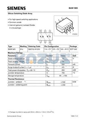 BAW56S datasheet - Silicon Switching Diode Array (For high-speed switching applications Common anode)