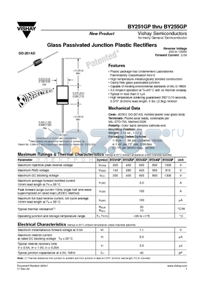 BY253GP datasheet - Glass Passivated Junction Plastic Rectifiers