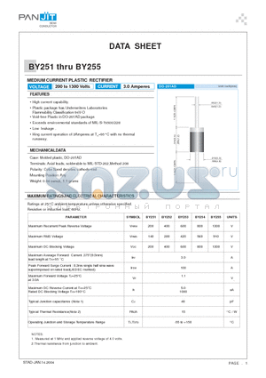 BY254 datasheet - MEDIUM CURRENT PLASTIC RECTIFIER