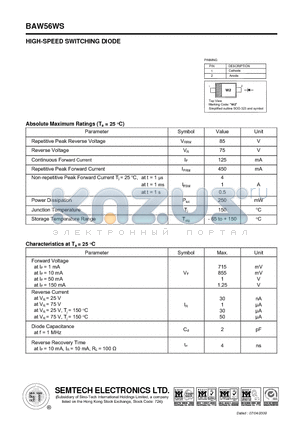 BAW56WS datasheet - HIGH-SPEED SWITCHING DIODE