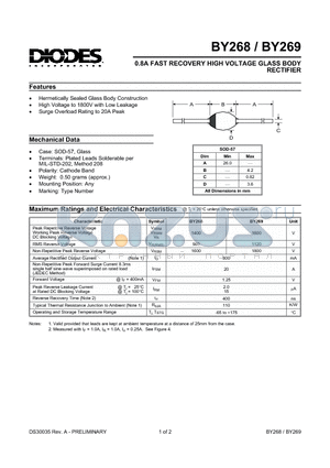 BY268 datasheet - 0.8A FAST RECOVERY HIGH VOLTAGE GLASS BODY RECTIFIER