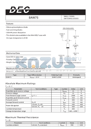 BAW75 datasheet - SMALL SIGNAL SWITCHING DIODES