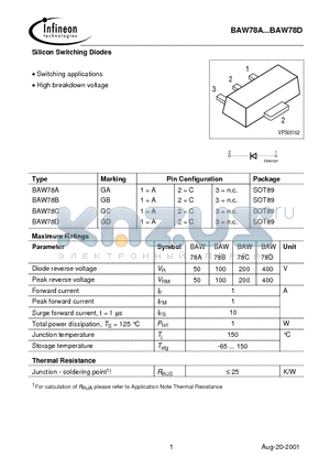 BAW78D datasheet - Silicon Switching Diodes