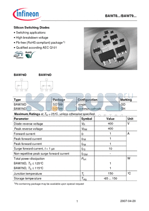 BAW78D datasheet - Silicon Switching Diodes