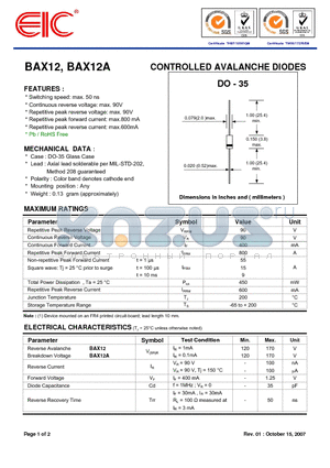 BAX12 datasheet - CONTROLLED AVALANCHE DIODES