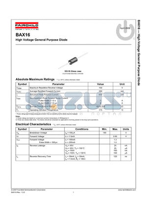 BAX16_08 datasheet - High Voltage General Purpose Diode