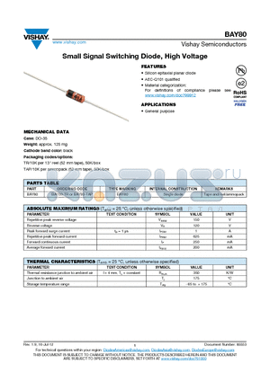 BAY80 datasheet - Small Signal Switching Diode, High Voltage