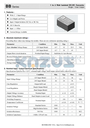 BB-1212D2 datasheet - 1 to 2 Watt Isolated DC-DC Converter Single / Dual Output