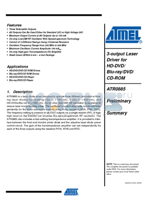 ATR0885 datasheet - 3-output Laser Driver for HD-DVD/ Blu-ray/DVD/ CD-ROM
