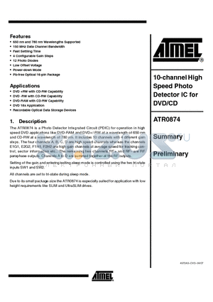 ATR0874 datasheet - 10-channel High Speed Photo Detector IC for DVD/CD