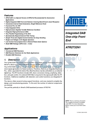 ATR2732N1 datasheet - Integrated DAB One-chip Front End