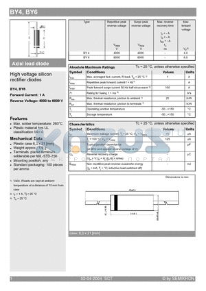 BY4 datasheet - High voltage silicon rectifier diodes