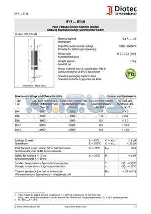 BY4 datasheet - High Voltage Silicon Rectifier Diodes