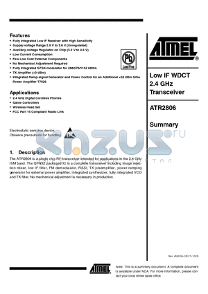 ATR2806-PNQG datasheet - Low IF WDCT 2.4 GHz Transceiver