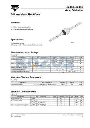 BY458 datasheet - Silicon Mesa Rectifiers
