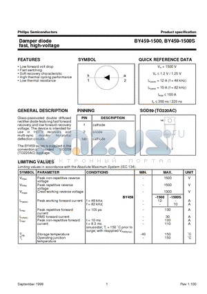 BY459-1500 datasheet - Damper diode fast, high-voltage