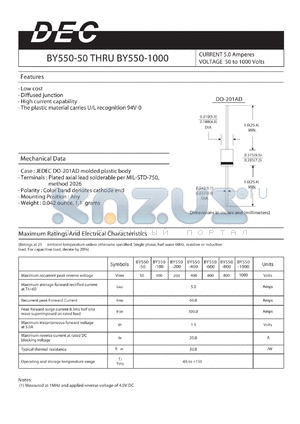 BY550-1000 datasheet - CURRENT 5.0 Amperes VOLTAGE 50 to 1000 Volts