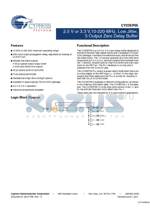 CY23EP05 datasheet - 2.5 V or 3.3 V,10-220-MHz, Low Jitter, 5 Output Zero Delay Buffer