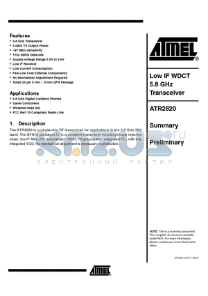 ATR2820 datasheet - Low IF WDCT 5.8 GHz Transceiver