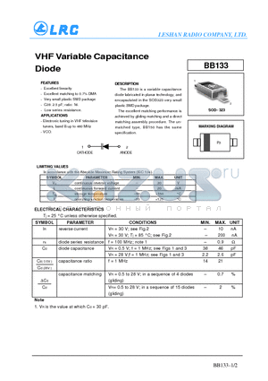 BB133 datasheet - VHF Variable Capacitance Diode