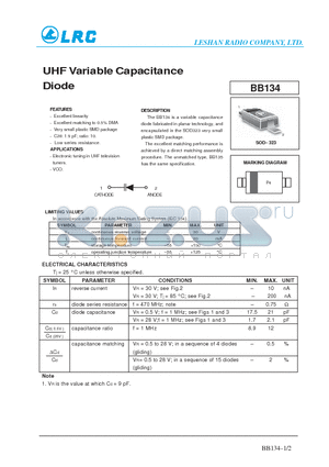 BB134 datasheet - UHF Variable Capacitance Diode